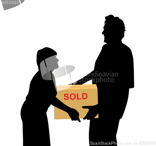 Image of Happy buyers woman and man carrying something packed in a box