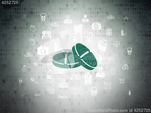 Image of Medicine concept: Pills on Digital Data Paper background