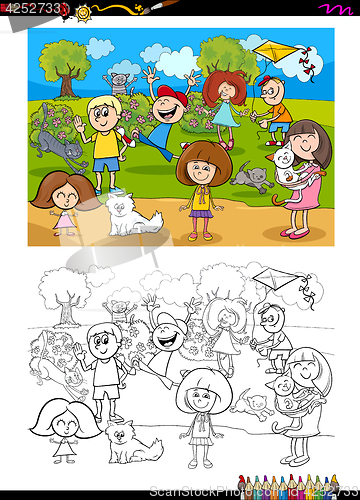 Image of kids and cats coloring book