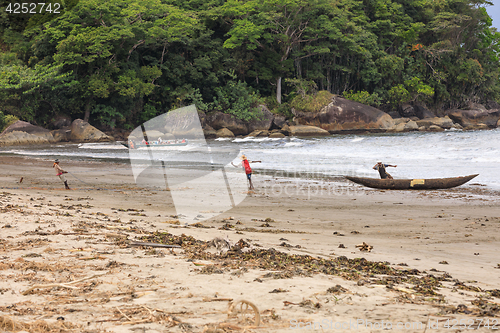 Image of Native Malagasy fishermen fishing on sea, Madagascar