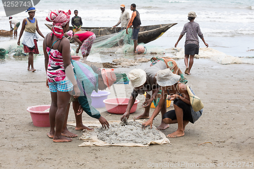 Image of Native Malagasy fishermen fishing on sea, Madagascar