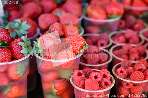 Image of Raspberries and strawberries in containers for sale.