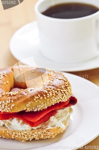 Image of Smoked salmon bagel and coffee