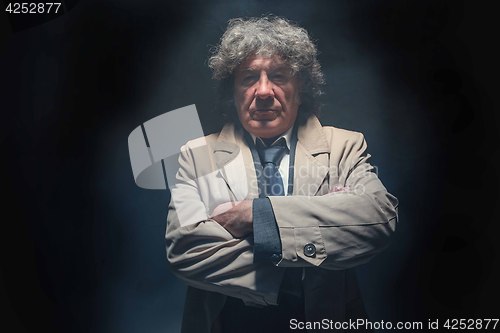 Image of The senior man as detective or boss of mafia on gray studio background