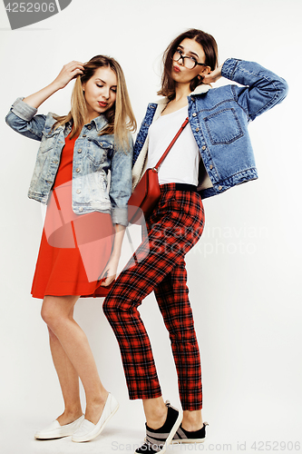 Image of best friends teenage girls together having fun, posing emotional on white background, besties happy smiling, lifestyle people concept