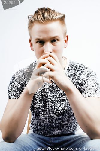 Image of young handsome teenage hipster guy posing emotional, happy smiling against white background isolated, lifestyle people concept