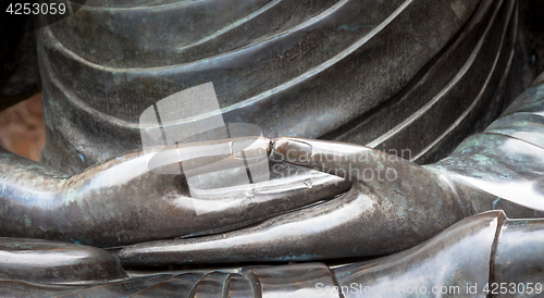 Image of Detail of Buddha statue with Dhyana hand position, the gesture o