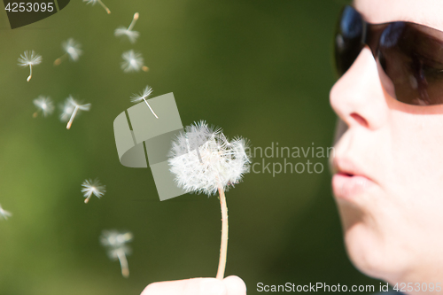 Image of Young woman blowing to the dandelion, selective focus