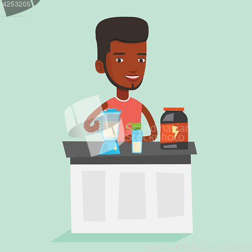 Image of Young man making protein cocktail.