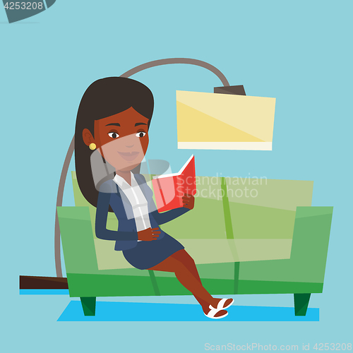 Image of Woman reading book on sofa vector illustration.