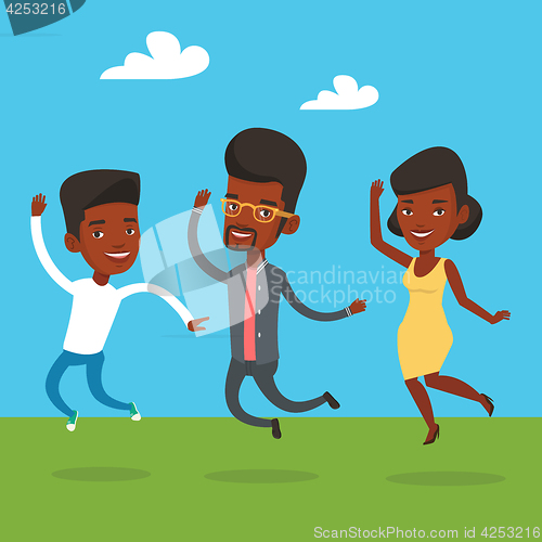 Image of Group of joyful young friends jumping.
