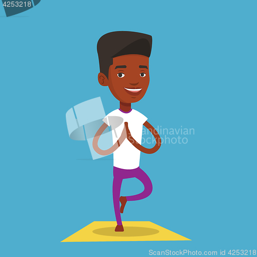 Image of Man practicing yoga tree pose vector illustration.