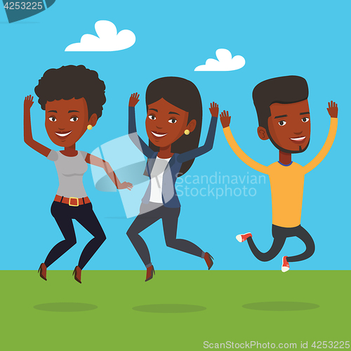 Image of Group of joyful young friends jumping.