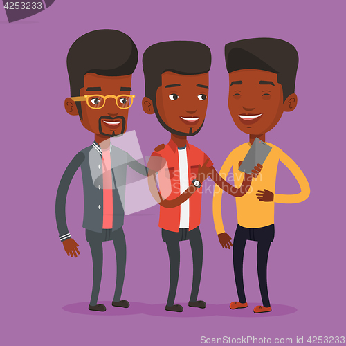 Image of Three smiling friends looking at mobile phone.