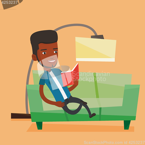 Image of Man reading book on sofa vector illustration.