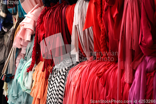 Image of Colorful fabrics. Colorful knitwear.