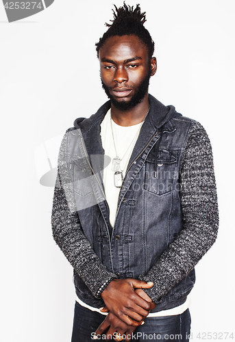 Image of young handsome afro american boy stylish hipster gesturing emotional isolated on white background smiling, people lifestyle concept