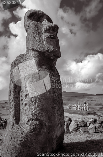 Image of Moai statue, ahu Tongariki, easter island. Black and white pictu
