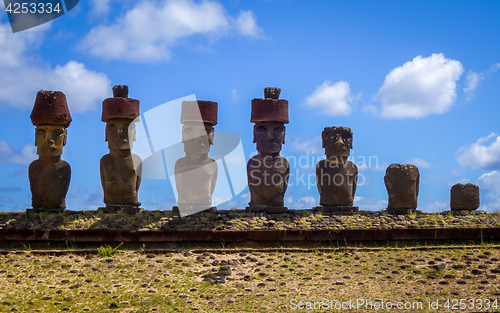 Image of Moais statues site ahu Nao Nao on anakena beach, easter island