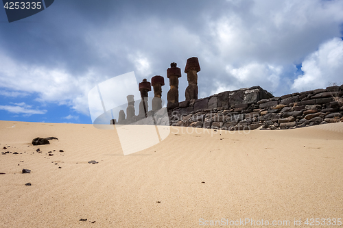 Image of Moais statues site ahu Nao Nao on anakena beach, easter island