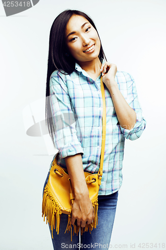 Image of young pretty asian woman posing cheerful emotional isolated on white background, lifestyle people concept