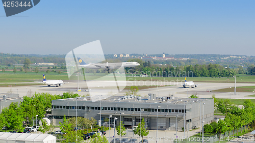 Image of Airliner Airbus A340 of Lufthansa airline landing in Munich airp