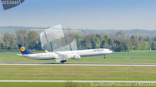 Image of Airplane of Lufthansa landing in Munich international airport