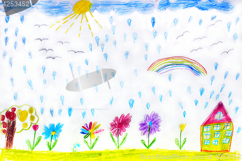 Image of Children's drawing of house flowers and rainbow