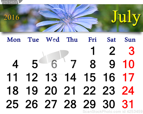 Image of calendar for July 2016 with flowers of Cichorium