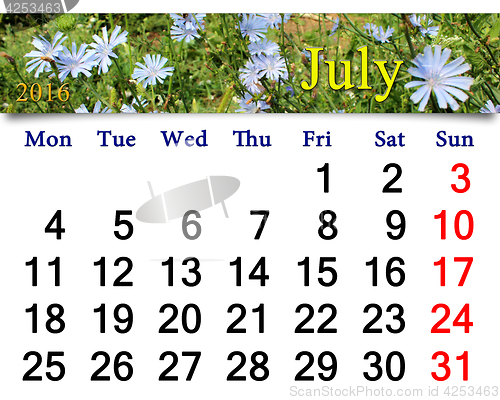 Image of calendar for July 2016 with flowers of Cichorium