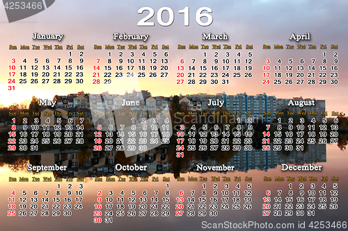 Image of calendar for 2016 with landscape of river and modern house