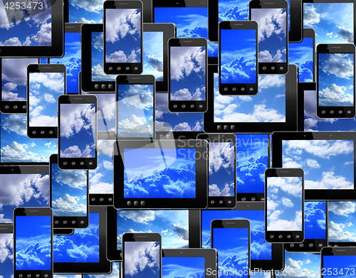 Image of smart-phones and tablets with image of blue sky