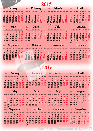 Image of calendar for 2015 and 2016 years on the pink 