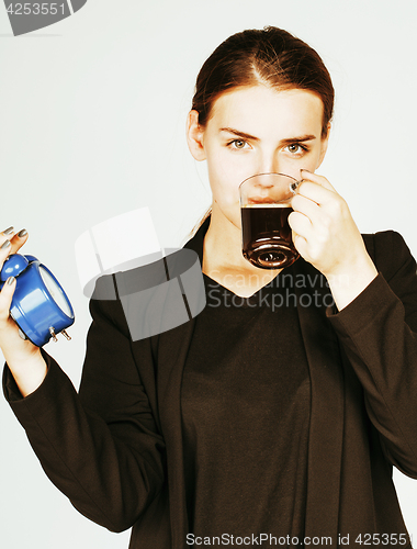 Image of young beauty woman in business style costume waking up for work 