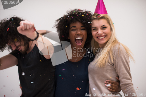 Image of confetti party multiethnic group of people