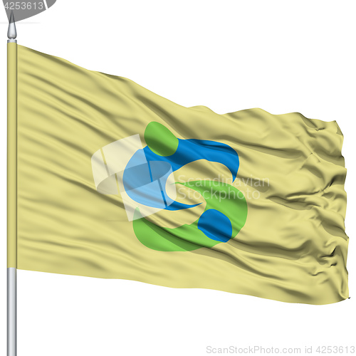 Image of Saga Capital City Flag on Flagpole, Flying in the Wind, Isolated on White Background