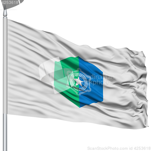 Image of Sapporo Capital City Flag on Flagpole, Flying in the Wind, Isolated on White Background