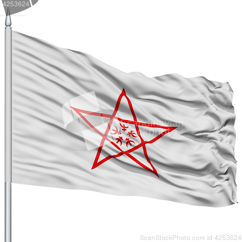 Image of Nagasaki Capital City Flag on Flagpole, Flying in the Wind, Isolated on White Background