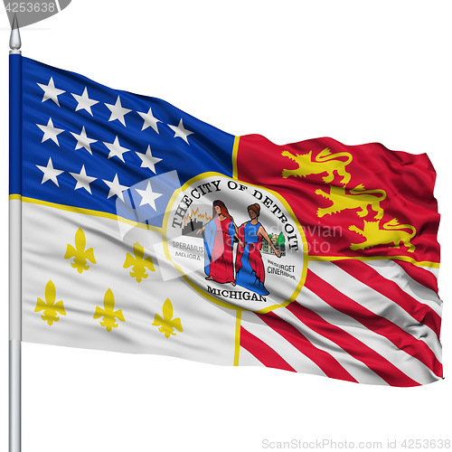 Image of Detroit City Flag on Flagpole, USA