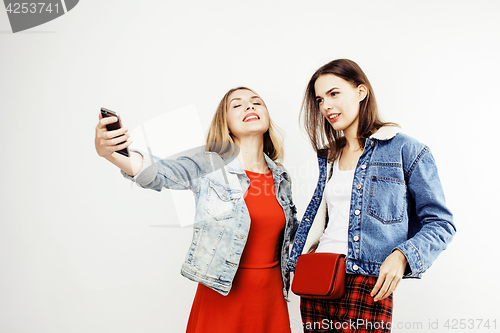 Image of best friends teenage girls together having fun, posing emotional on white background, besties happy smiling, lifestyle people concept