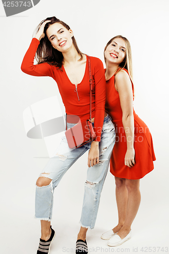 Image of best friends teenage girls together having fun, posing emotional on white background, besties happy smiling, lifestyle people concept