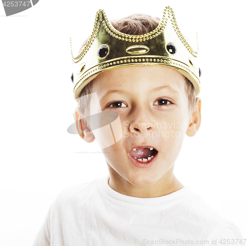 Image of little cute boy wearing crown isolated close up on white