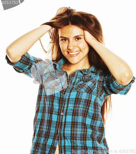 Image of young pretty woman posing on white background isolated emotional