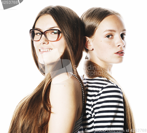 Image of two young workers isolated on white, same dresses in strip