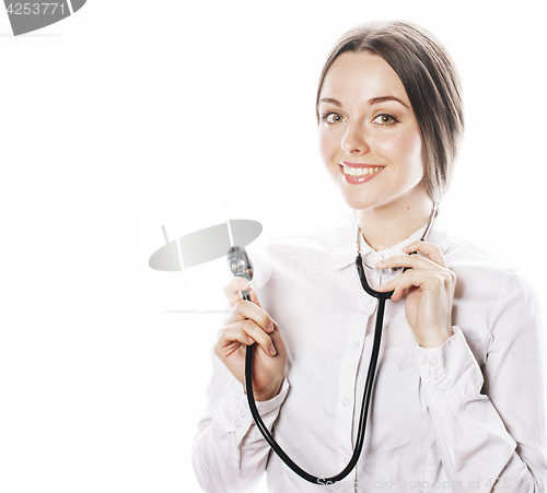 Image of young pretty woman doctor with stethoscope on white background 