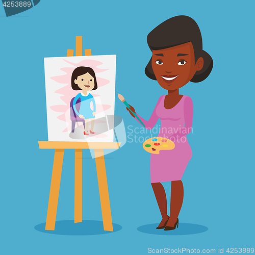 Image of Creative female artist painting portrait.