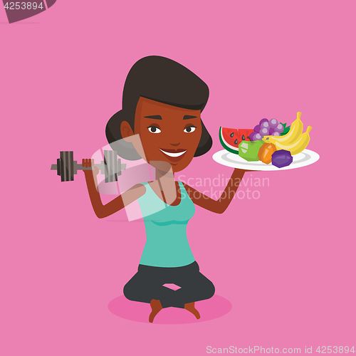 Image of Healthy woman with fruits and dumbbell.