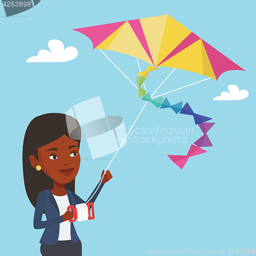 Image of Young woman flying kite vector illustration.