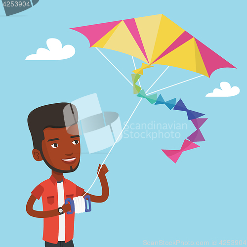 Image of Young man flying kite vector illustration.