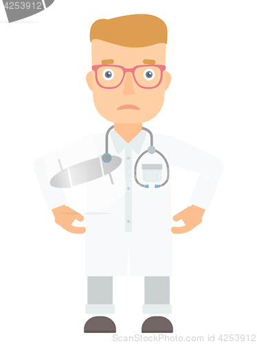 Image of Depressed caucasian doctor in white coat.